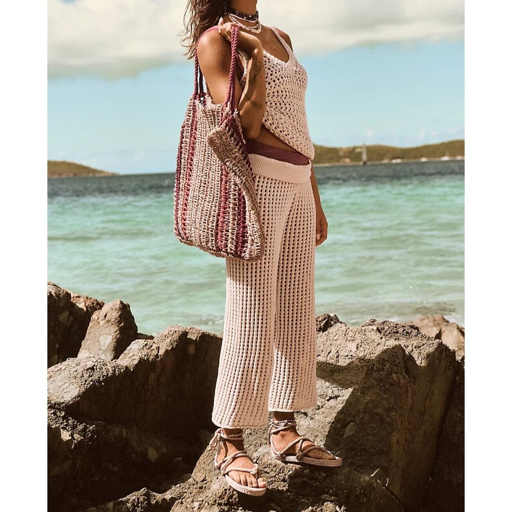 FREE PEOPLE Under The Palm Jute Tote - Sand, Orange & Burgundy - Beach Bag NWOT